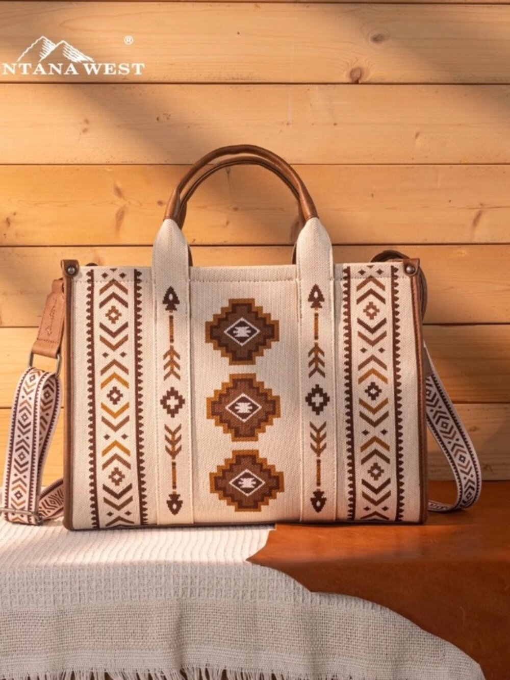 Montana West Aztec Retro Arrows Dual Sided Print Large Tote/Crossbody Beige